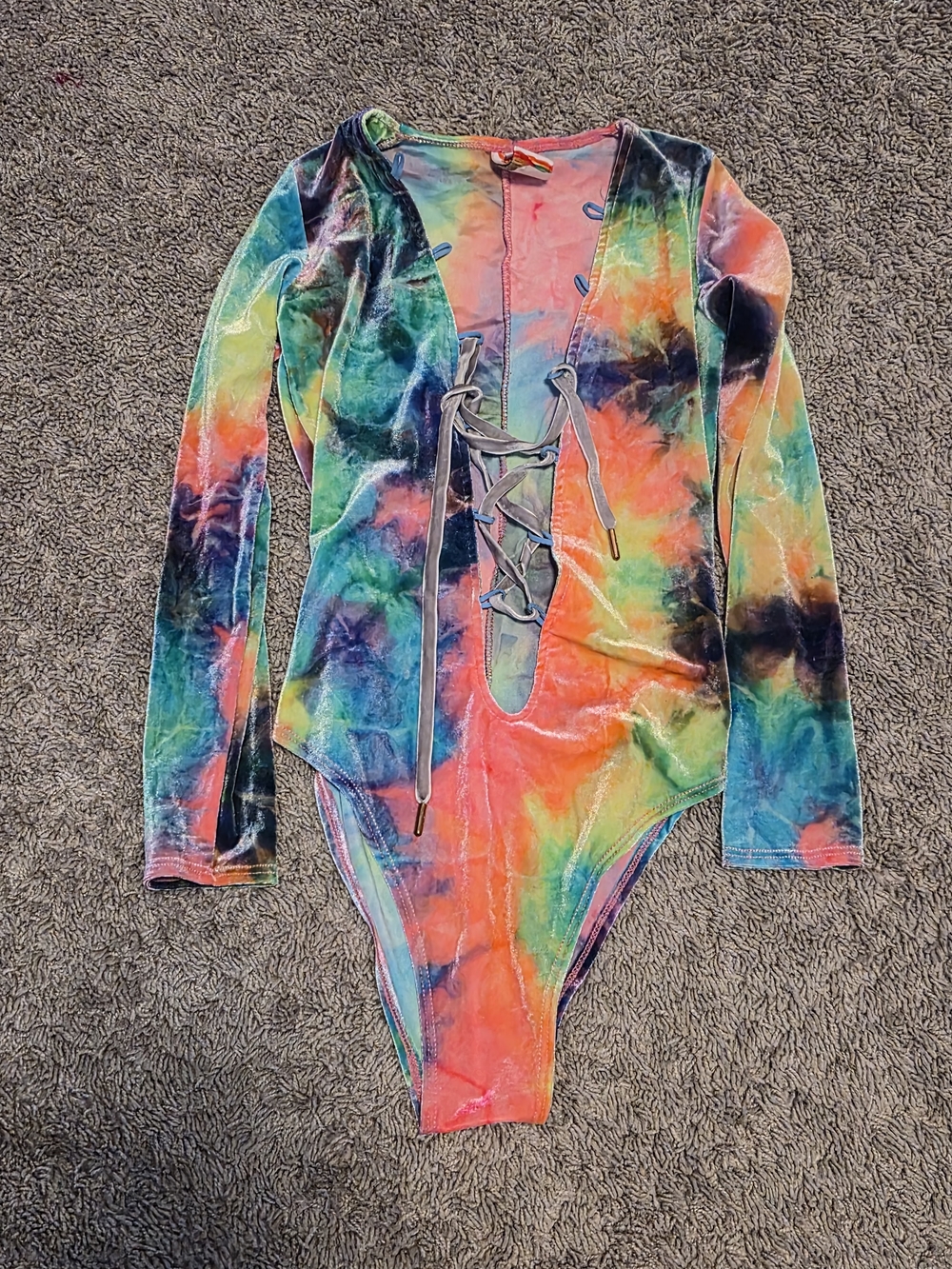 Tie-Dye Lace-Up Velvet Rave One-Piece Bodysuit - Multicolor